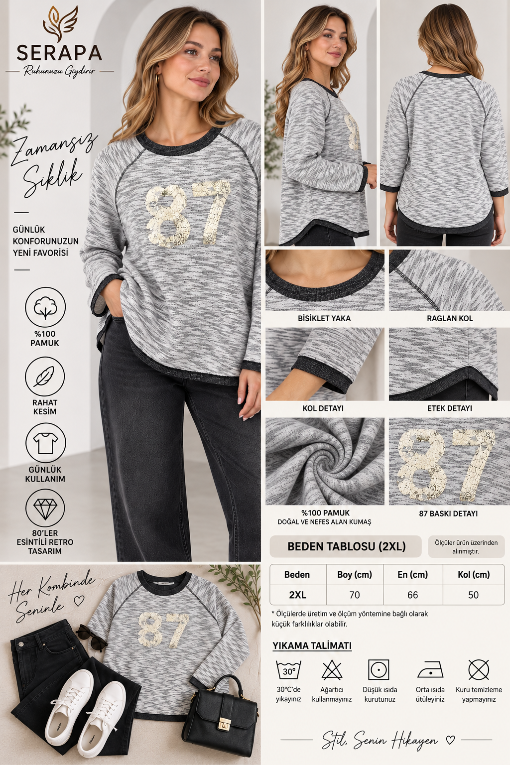 Kadın %100 Pamuk Büyük Beden Sweatshirt Gri Melanj 80'ler Esintili Retro Raglan Kol Rahat Kesim