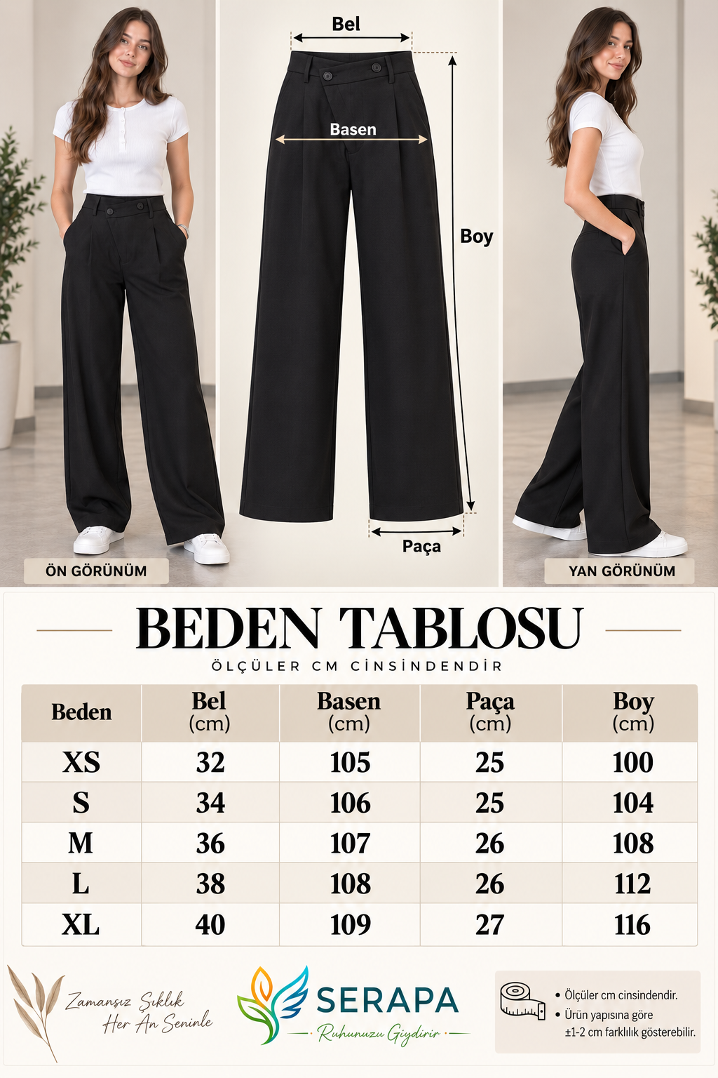 Kadın Yüksek Bel Çapraz Düğmeli Geniş Paça Çapraz Fermuarlı Pileli Siyah Pantolon