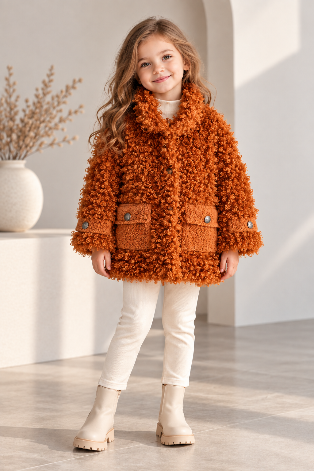 Kız Çocuk Peluş Mont Teddy Buklet Kıvırcık Dokulu Kapitone Astarlı Cepli Düğmeli Kışlık Ceket