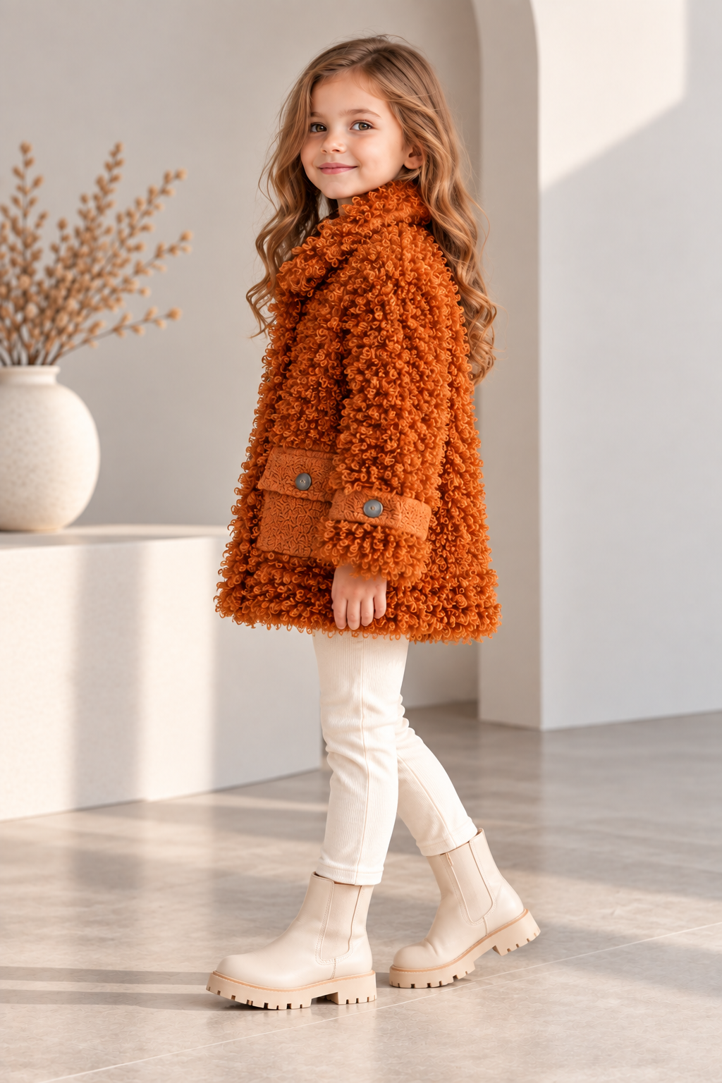 Kız Çocuk Peluş Mont Teddy Buklet Kıvırcık Dokulu Kapitone Astarlı Cepli Düğmeli Kışlık Ceket