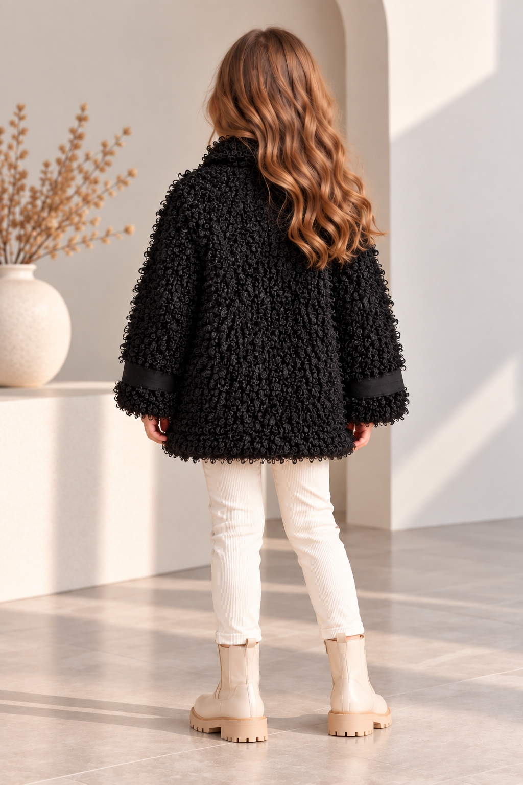 Kız Çocuk Peluş Mont Teddy Buklet Kıvırcık Dokulu Kapitone Astarlı Cepli Düğmeli Kışlık Ceket