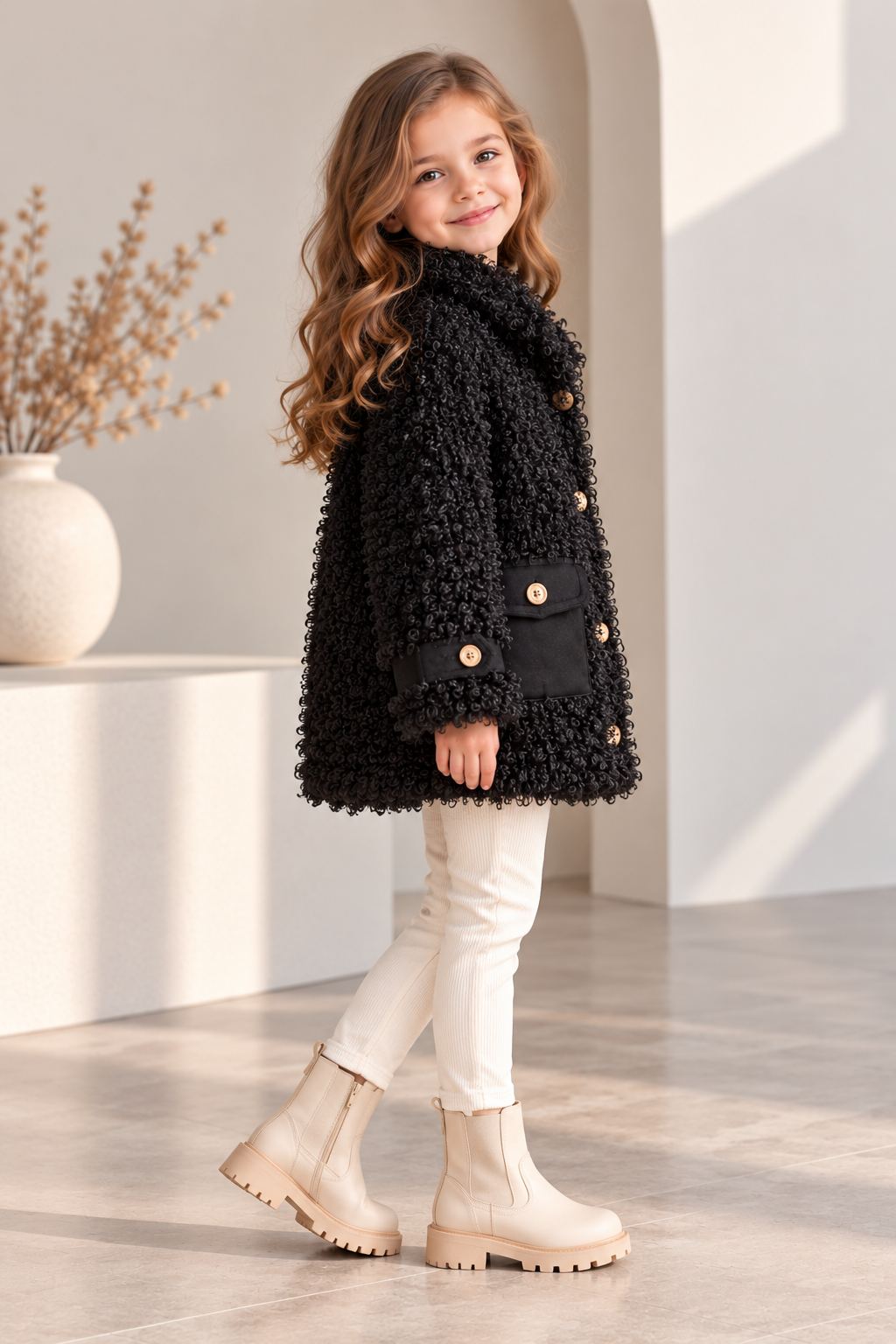 Kız Çocuk Peluş Mont Teddy Buklet Kıvırcık Dokulu Kapitone Astarlı Cepli Düğmeli Kışlık Ceket