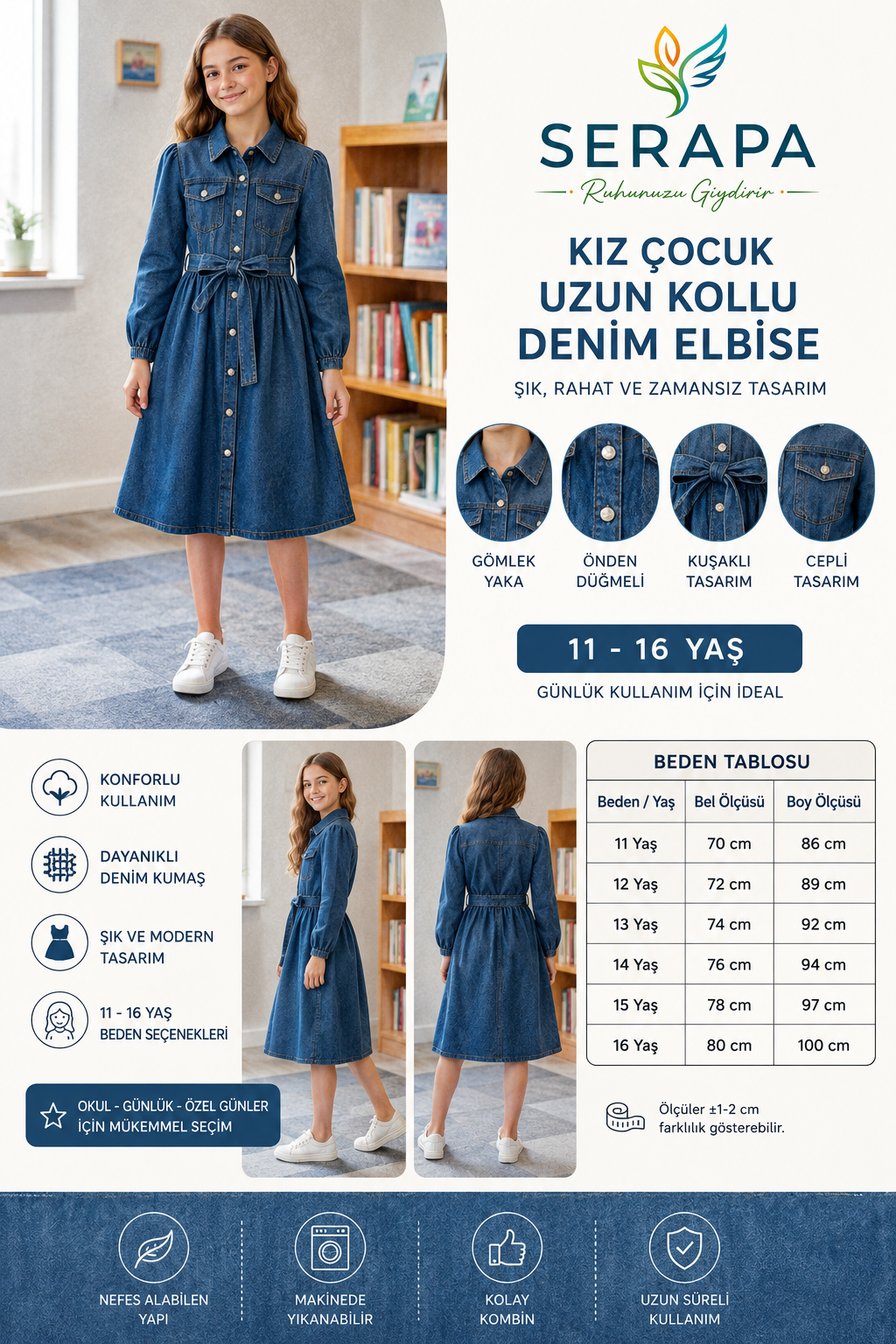 Kız Çocuk Uzun Kollu Denim Elbise Gömlek Yaka Düğmeli Kemerli Cepli Jean Elbise 11-16 Yaş