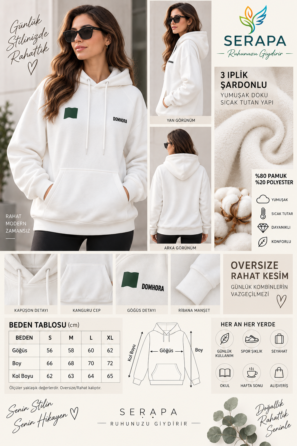 Kadın Ekru Şardonlu 3 İplik Kapüşonlu Kanguru Cepli Sweatshirt Rahat Kesim Pamuklu