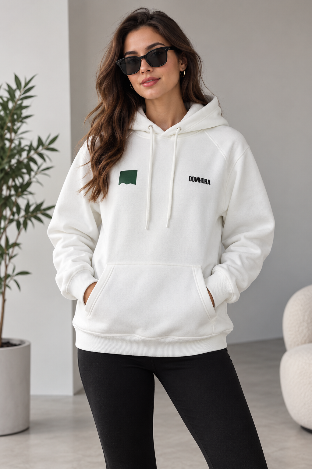 Kadın Ekru Şardonlu 3 İplik Kapüşonlu Kanguru Cepli Sweatshirt Rahat Kesim Pamuklu