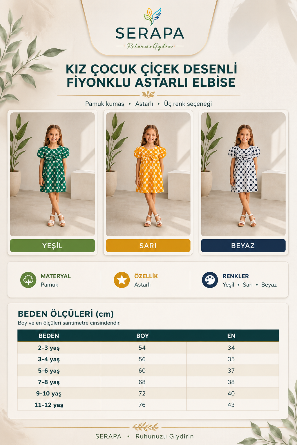SERAPA Kız Çocuk Çiçekli Fiyonklu Astarlı Elbise Kısa Balon Kollu Şık Günlük ve Özel Gün Elbisesi