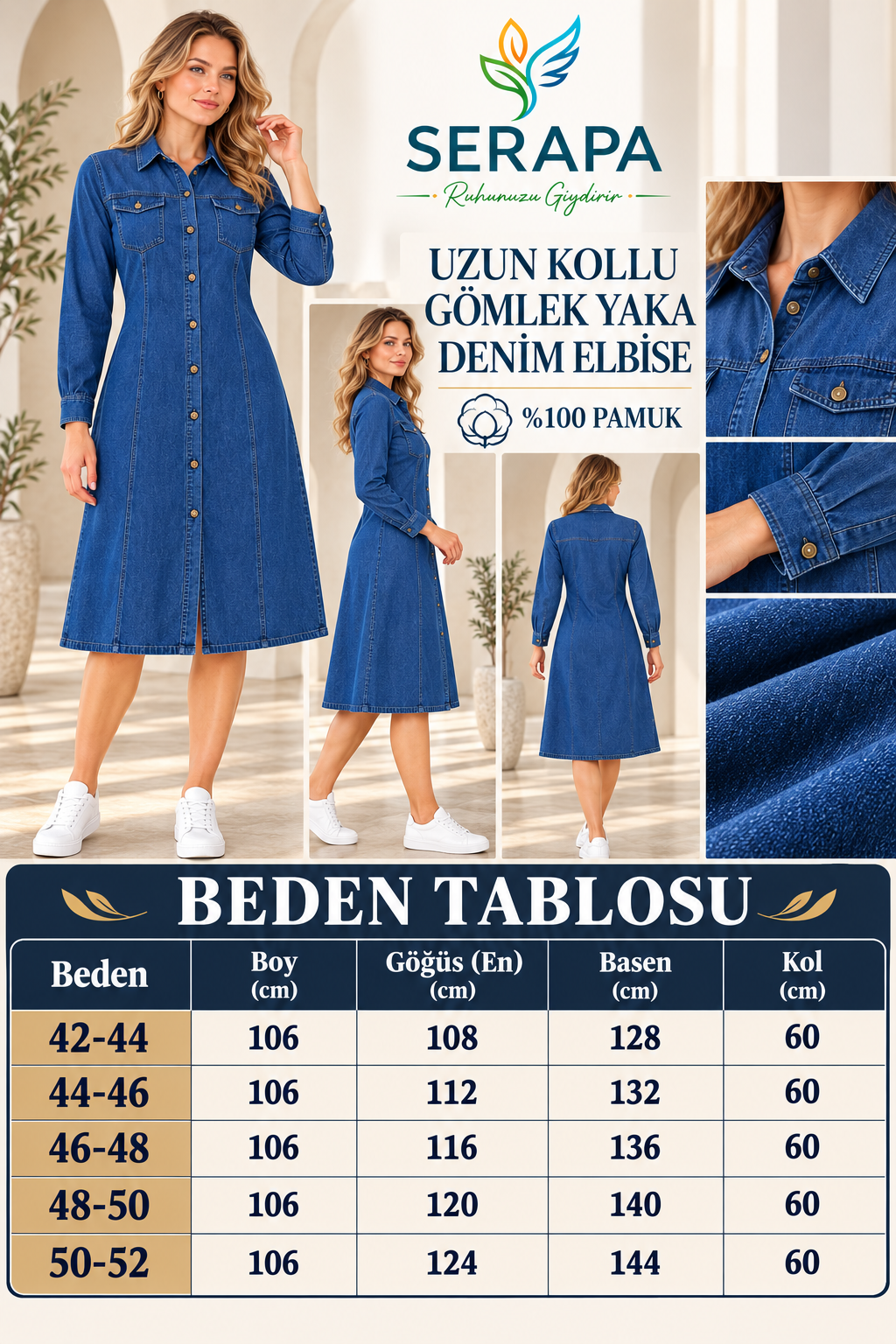 Kadın Kot Elbise Büyük Beden 44-52 Kuşaklı Cepli Uzun Kollu Gömlek Yaka Denim Elbise
