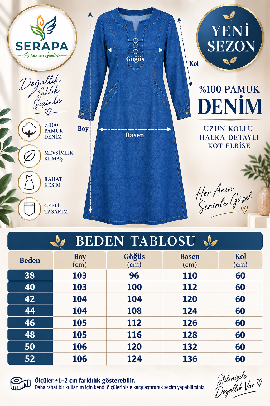 Kadın Mavi Kot Elbise %100 Pamuk Mevsimlik Denim Uzun Kollu Cepli Halka Detaylı Rahat Düz Kesim