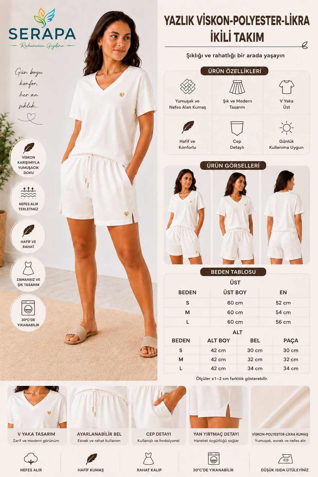 SERAPA Kadın Yazlık Viskon-Polyester-Likra Karışımlı V Yaka Cepli Şortlu İkili Takım