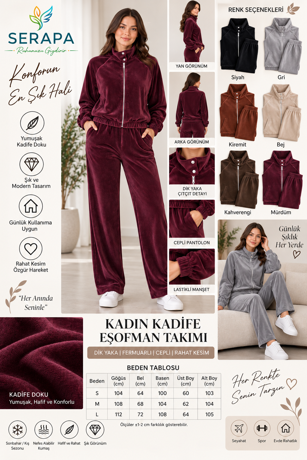 Kadın Kadife Eşofman Takımı Dik Yaka Fermuarlı Cepli Rahat Kesim Spor Şık