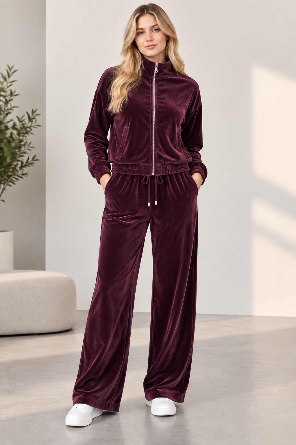 Kadın Kadife Eşofman Takımı %80 Pamuk %20 Polyester Fermuarlı Rahat Kesim Geniş Paça