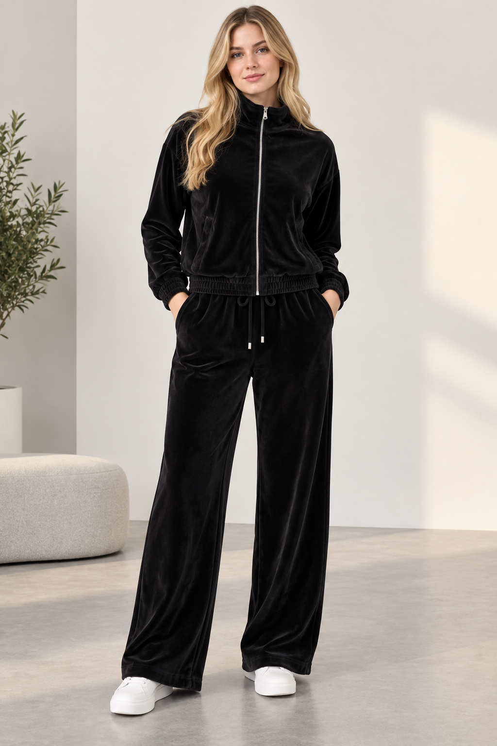 Kadın Kadife Eşofman Takımı %80 Pamuk %20 Polyester Fermuarlı Rahat Kesim Geniş Paça