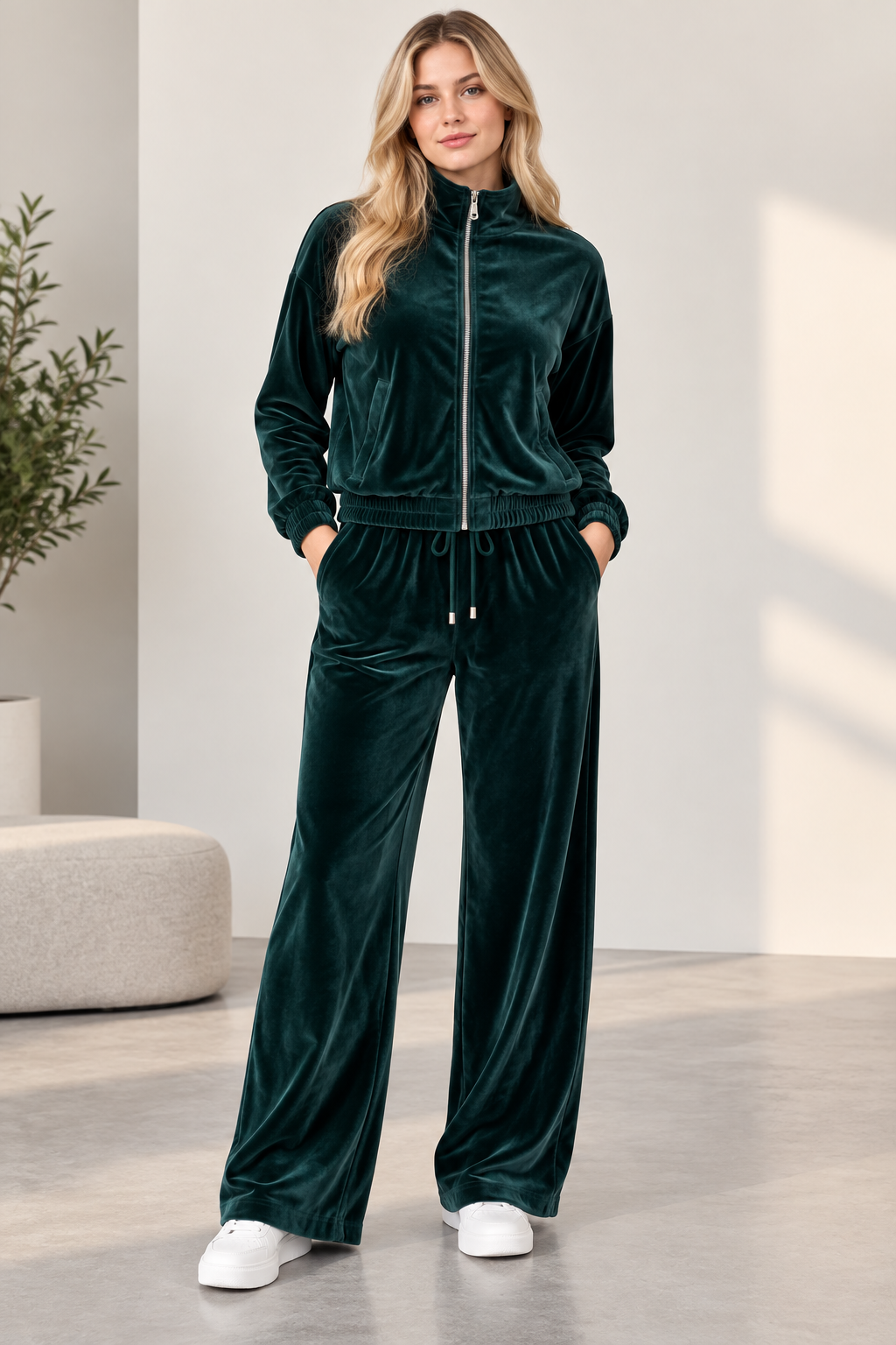 Kadın Kadife Eşofman Takımı %80 Pamuk %20 Polyester Fermuarlı Rahat Kesim Geniş Paça