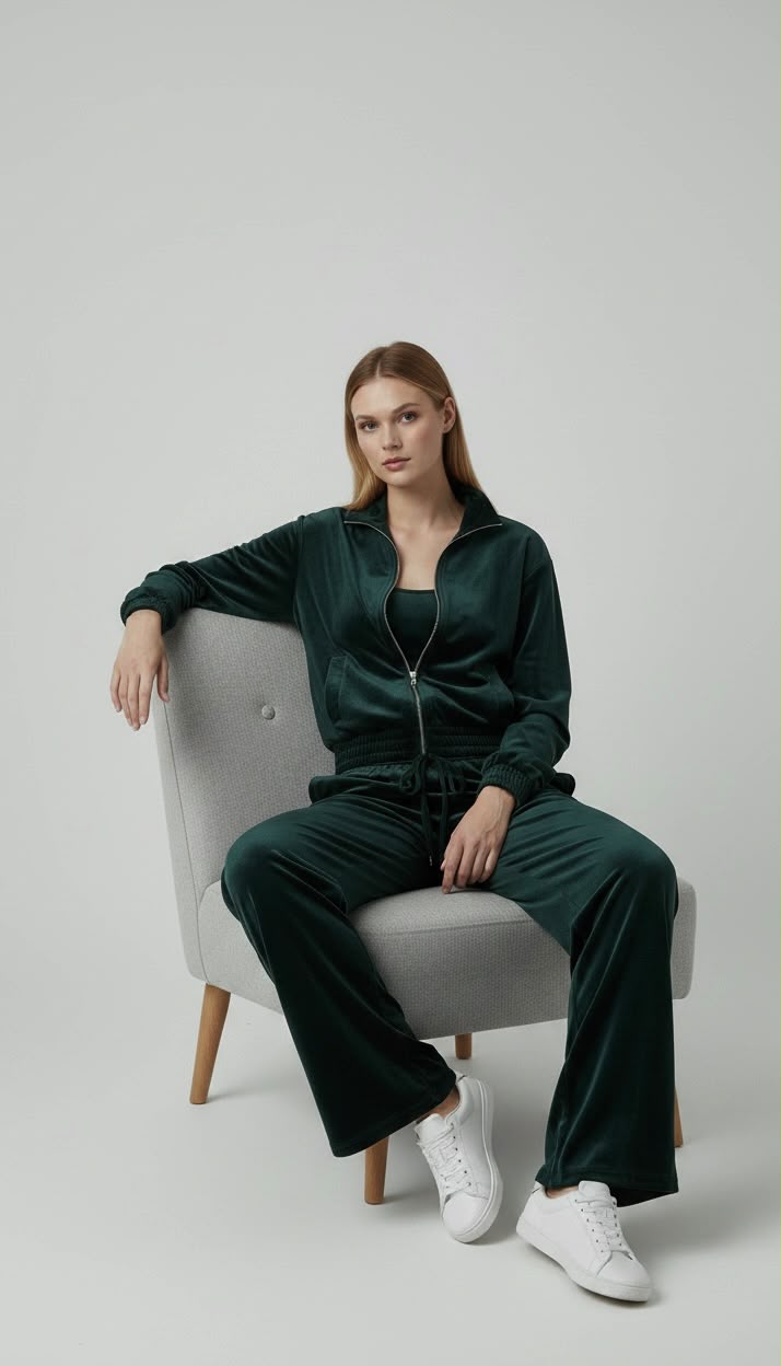 Kadın Kadife Eşofman Takımı %80 Pamuk %20 Polyester Fermuarlı Rahat Kesim Geniş Paça
