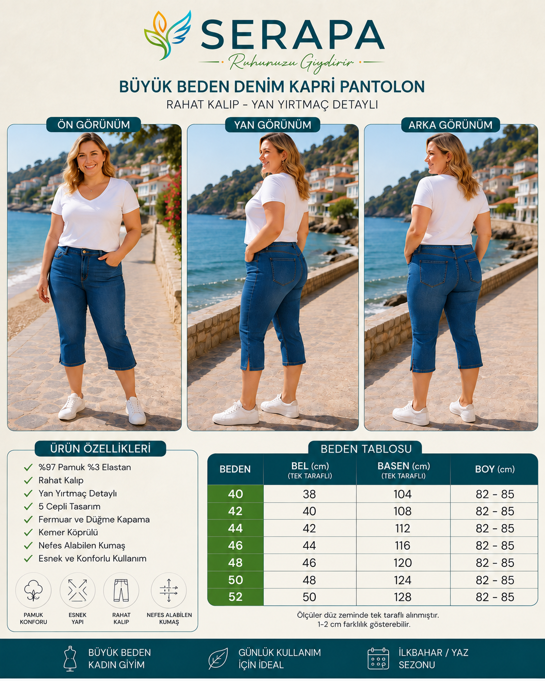 SERAPA Büyük Beden Koyu Mavi Yıkamalı Likralı Denim Kapri Pantolon Yan Yırtmaç Detaylı Rahat Kalıp