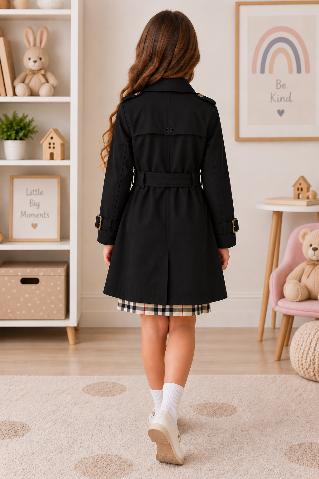 SERAPA Kız Çocuk Trençkot Kemerli Düğmeli Şık Cepli Mevsimlik Mont