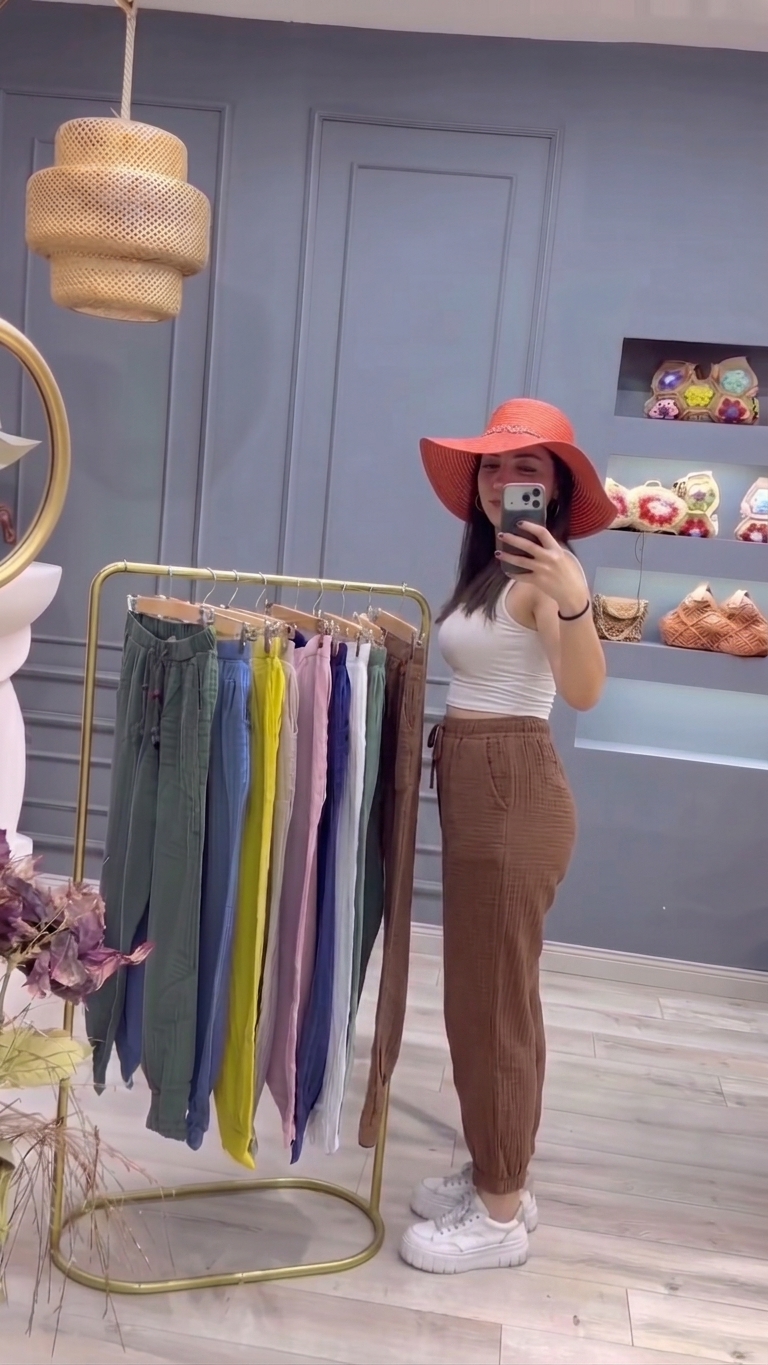 Kadın Müslin Pile Paça Pantolon Rahat Kalıp Lastikli Beli Bağcıklı Cepli Günlük Pantolon