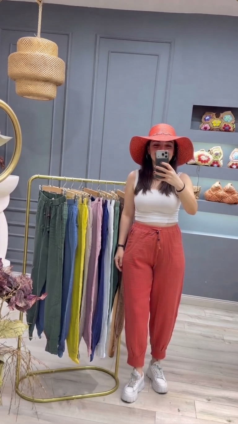 Kadın Müslin Pile Paça Pantolon Rahat Kalıp Lastikli Beli Bağcıklı Cepli Günlük Pantolon
