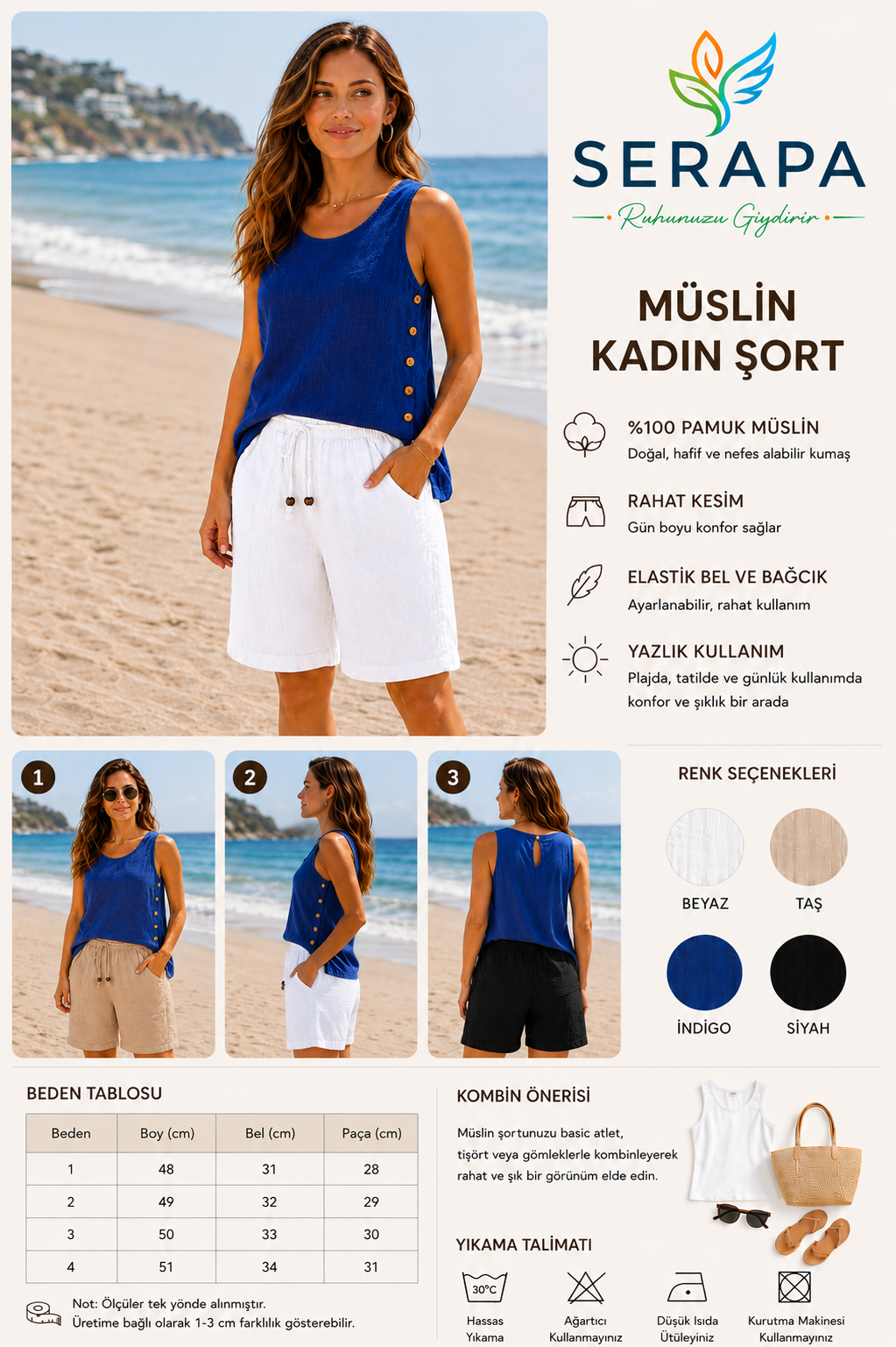 SERAPA Müslin Kadın Şort Lastikli Bel Bağcıklı Cepli Yazlık Rahat Kesim Şort