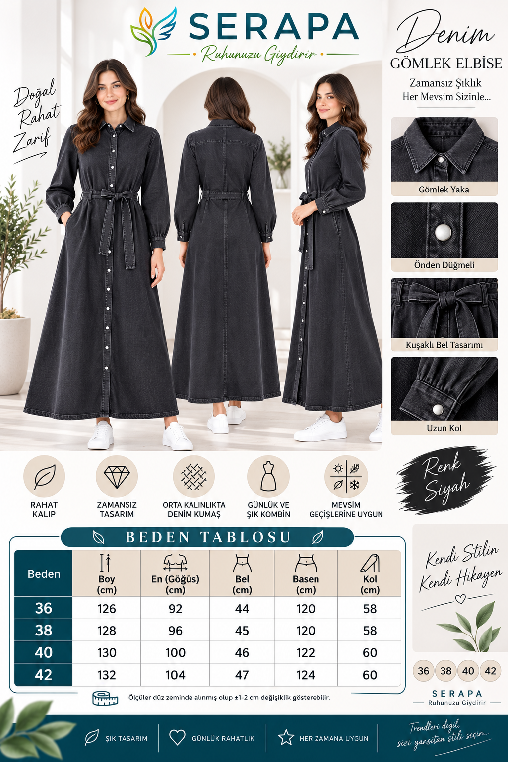 Kadın Siyah Denim Maxi Gömlek Elbise Uzun Kollu Gömlek Yaka Kuşaklı Düğmeli Uzun Mevsimlik Elbise