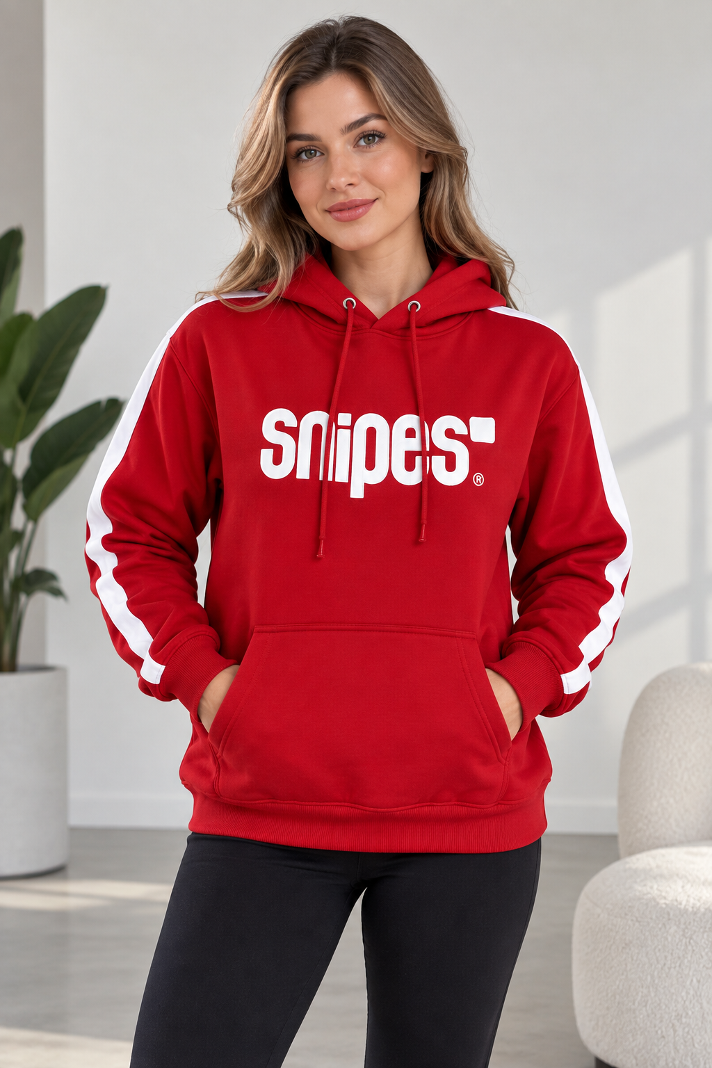Kadın Şardonlu 3 İplik Kapüşonlu Sweatshirt %80 Pamuk %20 Polyester Rahat Kesim Kanguru Cepli Şerit Detaylı