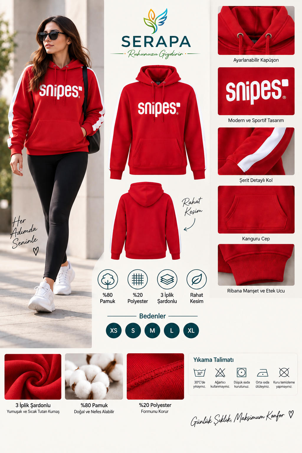 Kadın Şardonlu 3 İplik Kapüşonlu Sweatshirt %80 Pamuk %20 Polyester Rahat Kesim Kanguru Cepli Şerit Detaylı