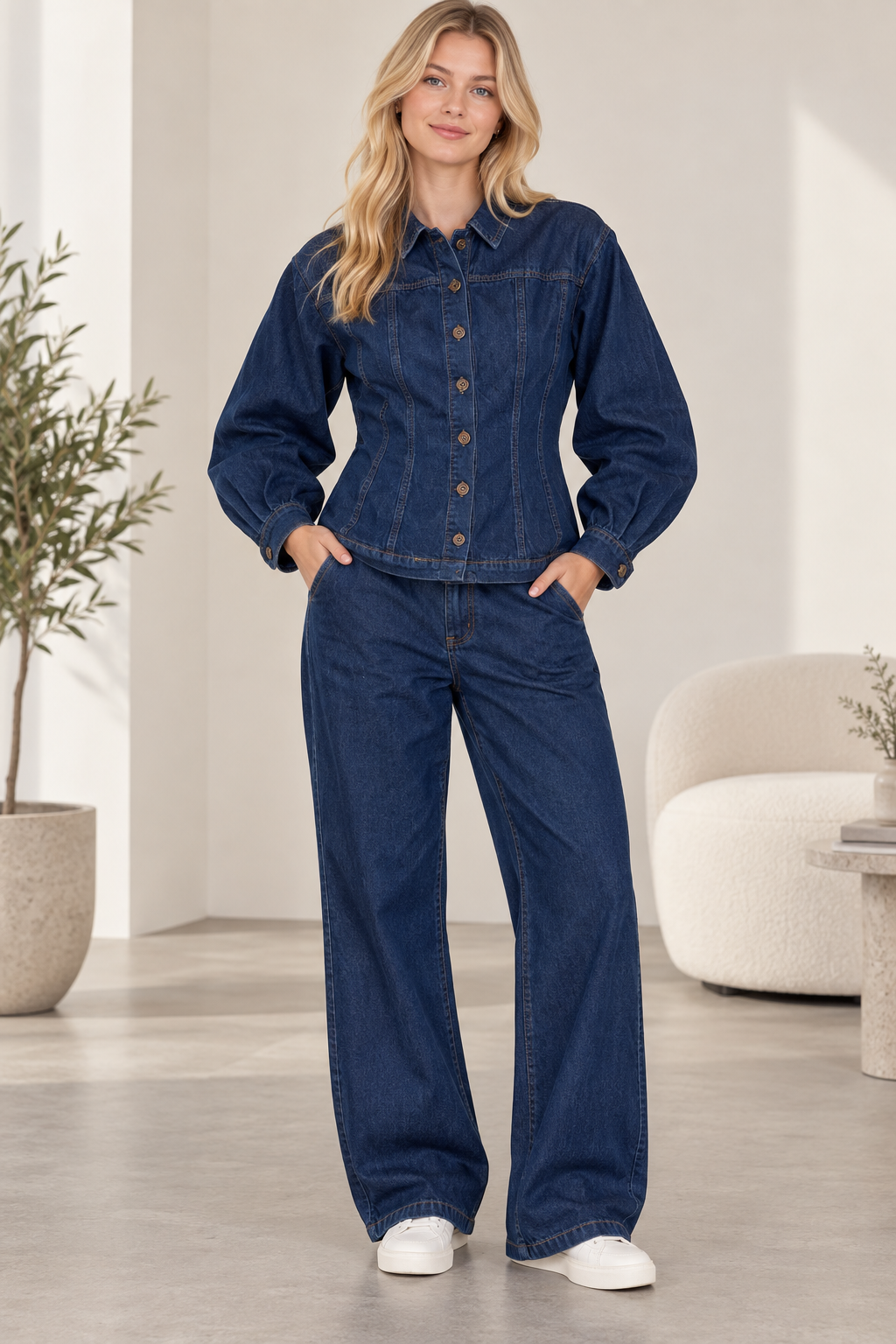 Kadın Omuz Vatkalı Volümlü Kollu Denim Ceket Pantolon Takım Geniş Paça Rahat Kesim