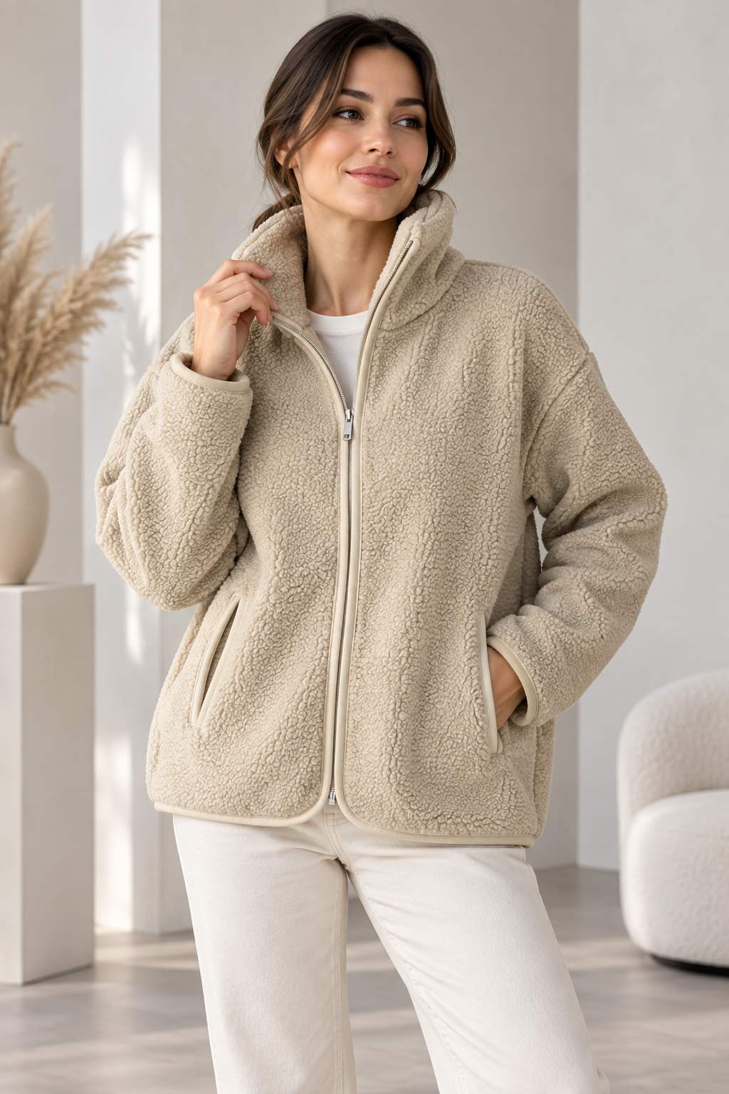 SERAPA Kadın Sherpa Peluş Mont Oversize %65 Pamuk %35 Polyester Rahat Kesim Fermuarlı Dik Yaka Cepli Peluş Mont