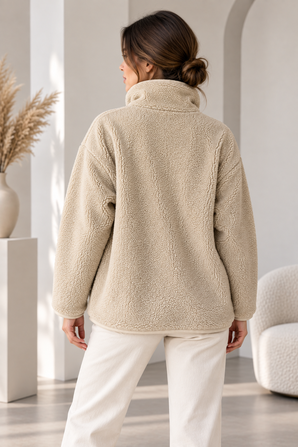 SERAPA Kadın Sherpa Peluş Mont Oversize %65 Pamuk %35 Polyester Rahat Kesim Fermuarlı Dik Yaka Cepli Peluş Mont