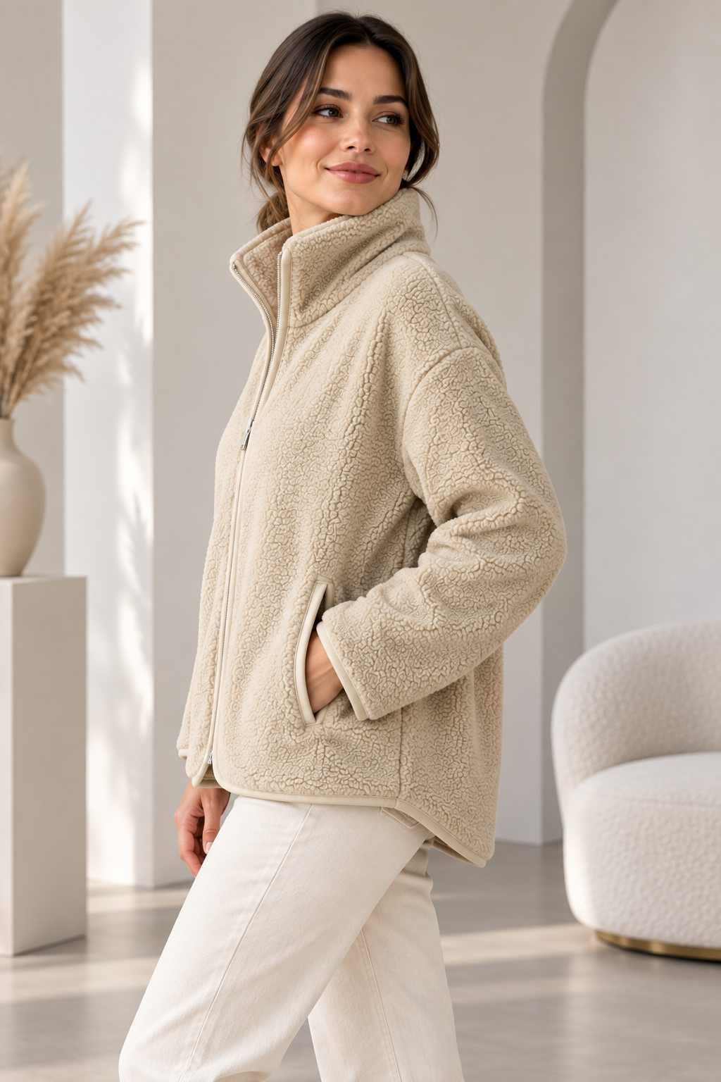 SERAPA Kadın Sherpa Peluş Mont Oversize %65 Pamuk %35 Polyester Rahat Kesim Fermuarlı Dik Yaka Cepli Peluş Mont