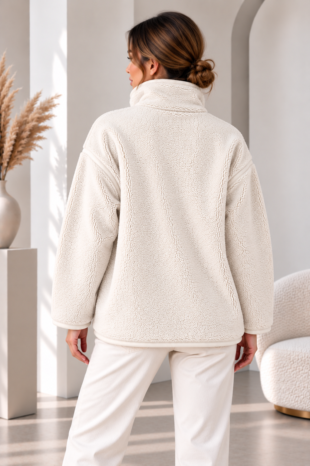 SERAPA Kadın Sherpa Peluş Mont Oversize %65 Pamuk %35 Polyester Rahat Kesim Fermuarlı Dik Yaka Cepli Peluş Mont