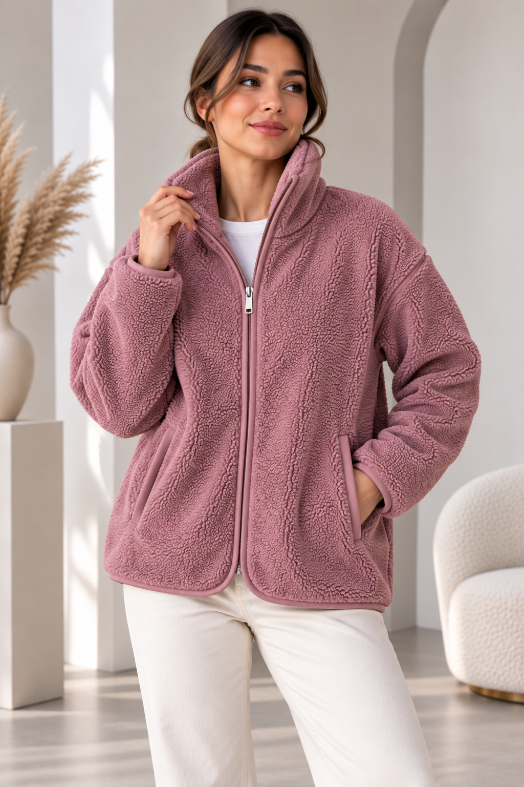 SERAPA Kadın Sherpa Peluş Mont Oversize %65 Pamuk %35 Polyester Rahat Kesim Fermuarlı Dik Yaka Cepli Peluş Mont