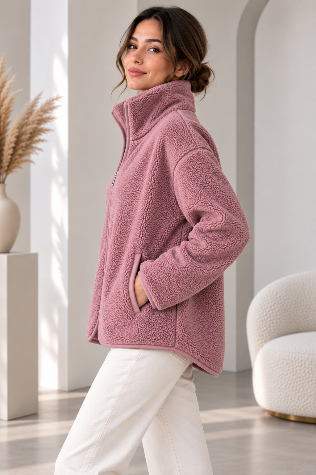 SERAPA Kadın Sherpa Peluş Mont Oversize %65 Pamuk %35 Polyester Rahat Kesim Fermuarlı Dik Yaka Cepli Peluş Mont