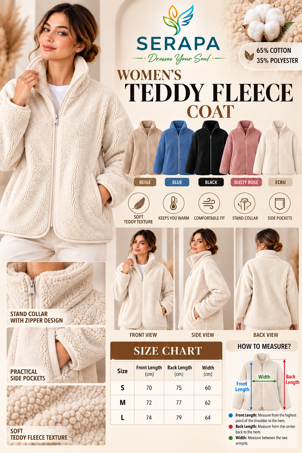 SERAPA Kadın Sherpa Peluş Mont Oversize %65 Pamuk %35 Polyester Rahat Kesim Fermuarlı Dik Yaka Cepli Peluş Mont