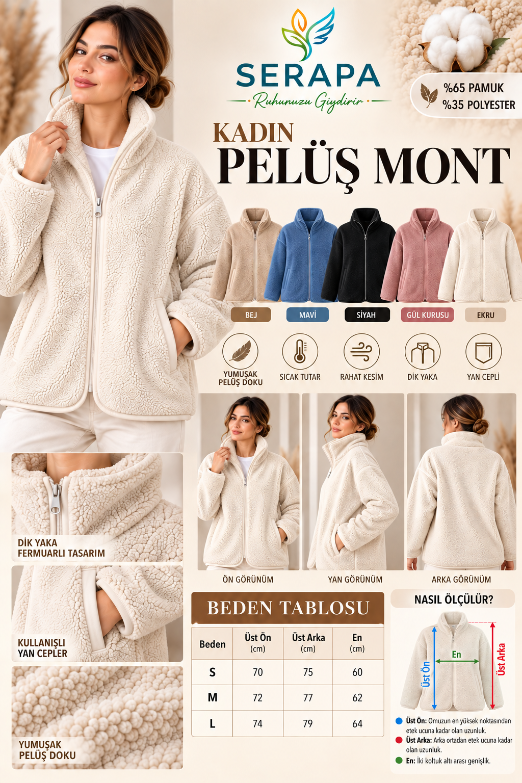 SERAPA Kadın Sherpa Peluş Mont Oversize %65 Pamuk %35 Polyester Rahat Kesim Fermuarlı Dik Yaka Cepli Peluş Mont