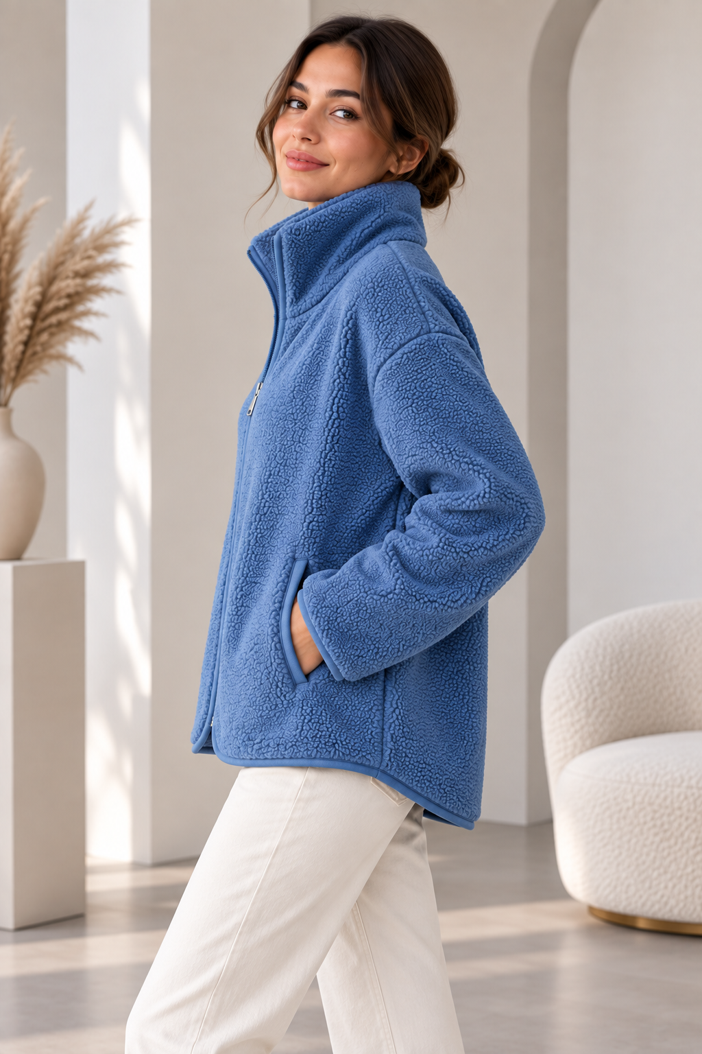 SERAPA Kadın Sherpa Peluş Mont Oversize %65 Pamuk %35 Polyester Rahat Kesim Fermuarlı Dik Yaka Cepli Peluş Mont