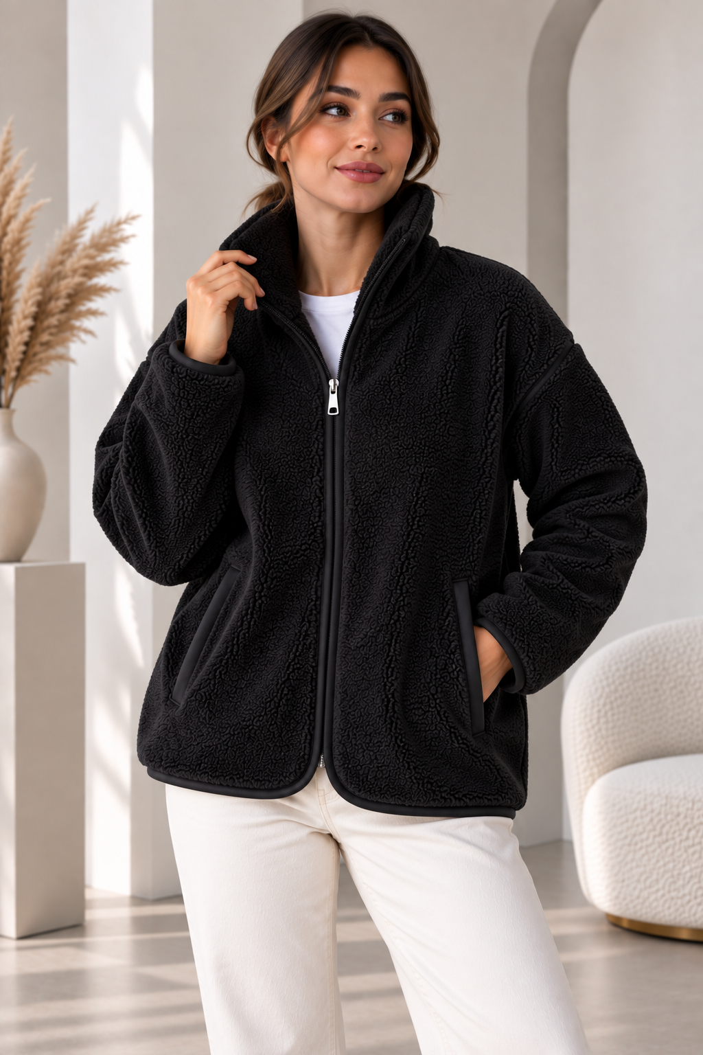 SERAPA Kadın Sherpa Peluş Mont Oversize %65 Pamuk %35 Polyester Rahat Kesim Fermuarlı Dik Yaka Cepli Peluş Mont
