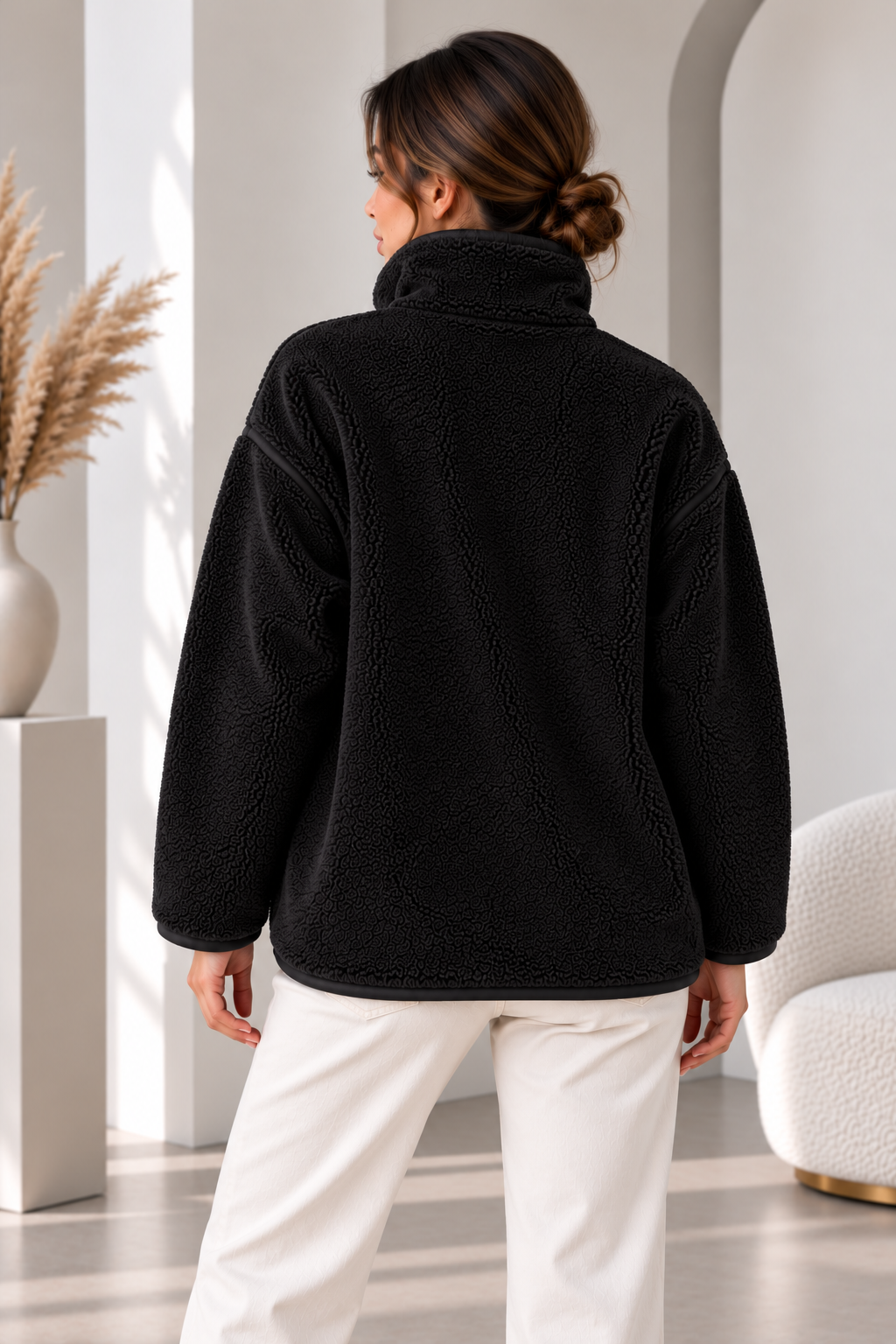 SERAPA Kadın Sherpa Peluş Mont Oversize %65 Pamuk %35 Polyester Rahat Kesim Fermuarlı Dik Yaka Cepli Peluş Mont
